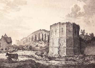 The Multangular Tower, the west corner tower of the Roman fortress at York in a print of 1802